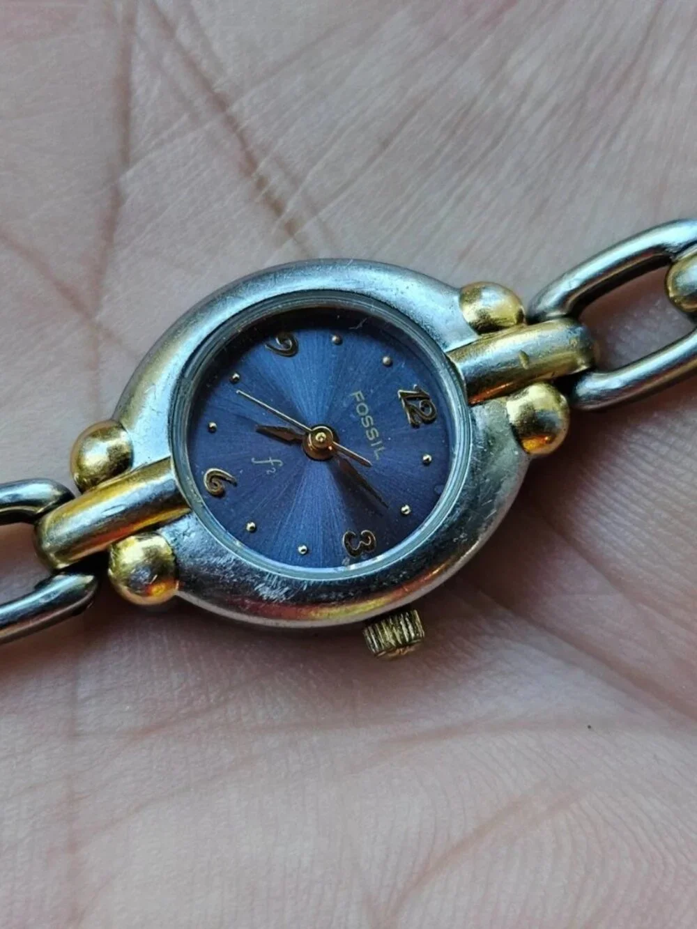 Vintage Fossil F2 Women Wristwatch Blue Face Silver/Gold Dual Tone Quartz Watch